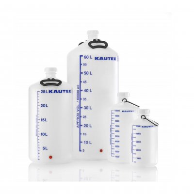 Carboy with printed litre scale, HDPE, 60 L, natural, incl. stopcock connection and lid, 1 pcs