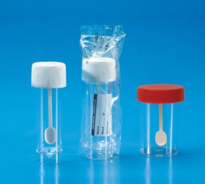 Test tube with spoon and label, PS, 25 ml, sterile, incl. lid, 400 pcs/pack
