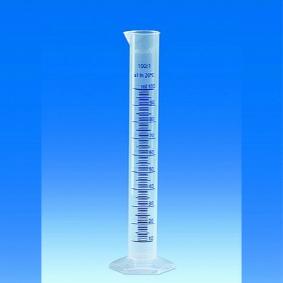 Volumetric cylinder, PP, 250 ml, class B tall form, blue raised scale, 1 pcs